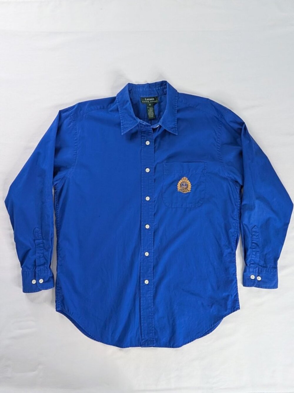 VTG Lauren Ralph Lauren Royal Blue Button Up Crest Embroidered Logo Collared Top
